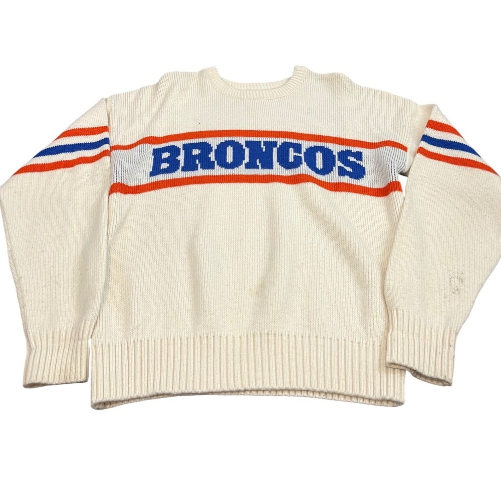 Cliff Engle Denver Broncos Sweater Mens Small White Vintage NFL Wool Blend 80s